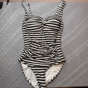 Nip Tuck Swimsuit Women's Sz 4 Black White Gold Striped One Piece Multi Fit Cup